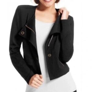 CAbi Moto Jacket Womens Small Black Cropped Ponte Knit Zip Snap Asymmetrical